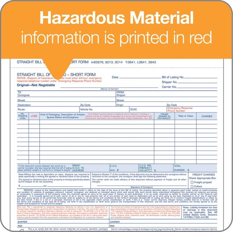 Tops Snap-Off Triplicate Bill Of Lading Short Form with Hazardous Material Info 50 Pack (3841),Blue; White,7 7/16 x 8 1/2 - Image 2